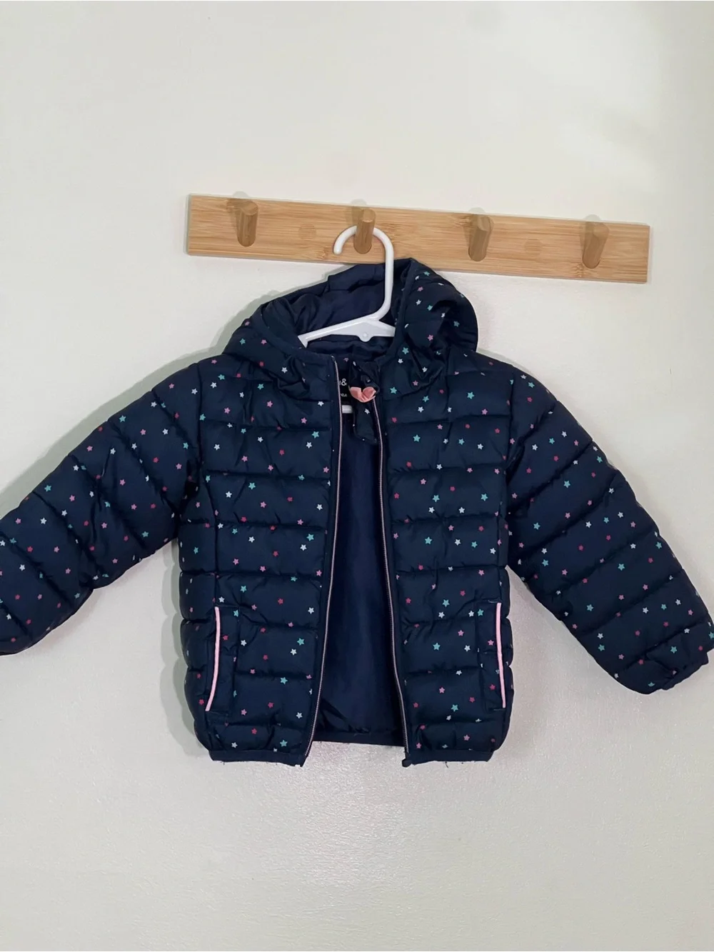 Toddler Girls' made in the USA Navy Star  Puffer Jacket with Hood no flaws 18-24